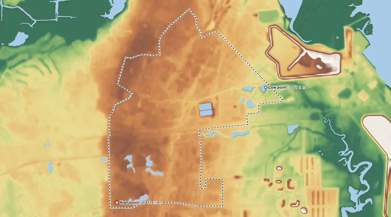 Topographic elevation map of Kings Bay Base, Georgia, shaded from 3 ft on the east side to 36 ft on the southwest side