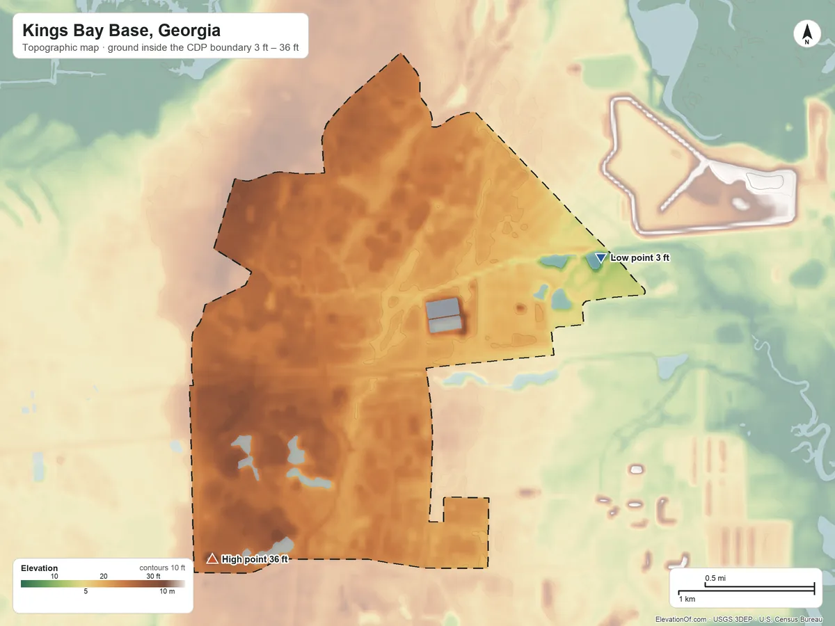 Topographic elevation map of Kings Bay Base, Georgia, shaded from 3 ft on the east side to 36 ft on the southwest side