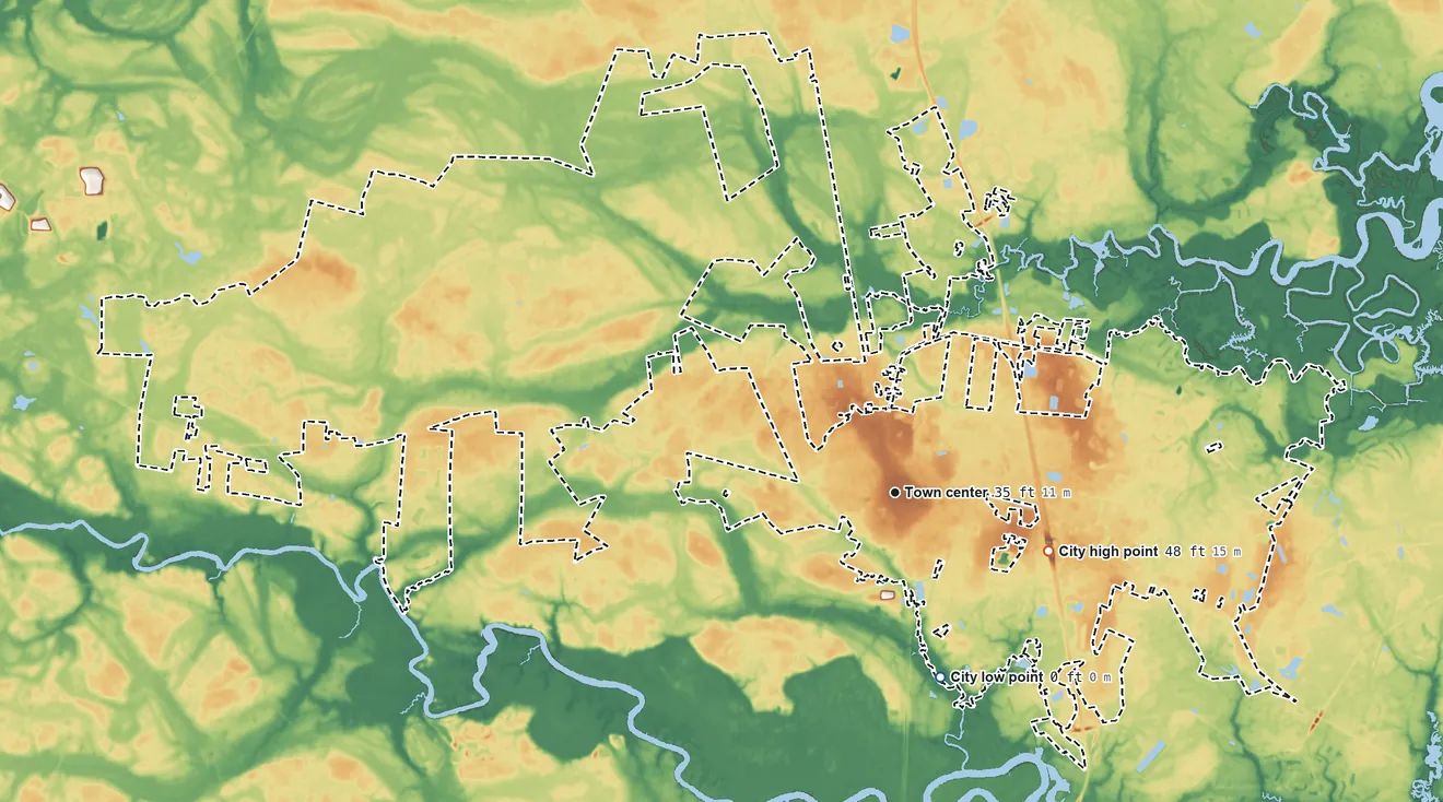 Topographic elevation map of Kingsland, Georgia, shaded from 0 ft on the south side to 48 ft on the east side