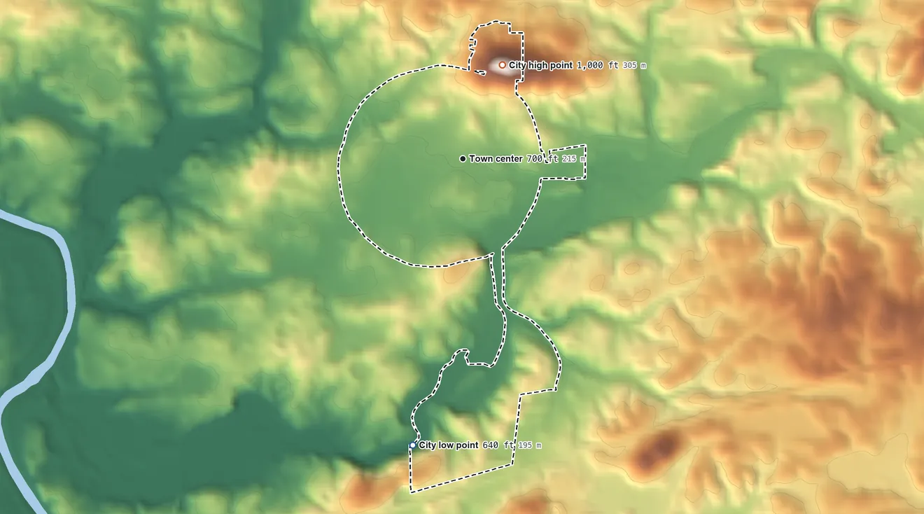 Topographic elevation map of Kingston, Georgia, shaded from 640 ft on the south side to 1,000 ft on the northeast side