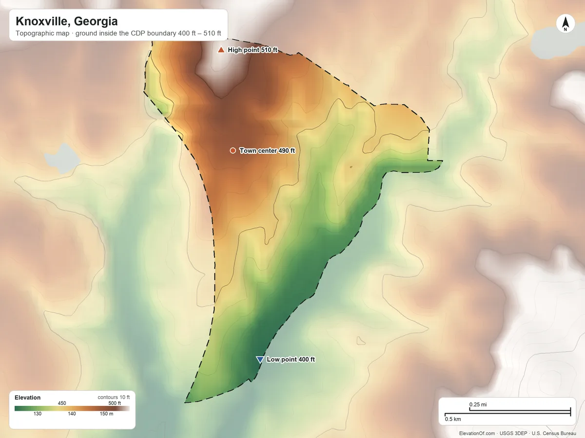 Topographic elevation map of Knoxville, Georgia, shaded from 400 ft on the south side to 510 ft on the north side