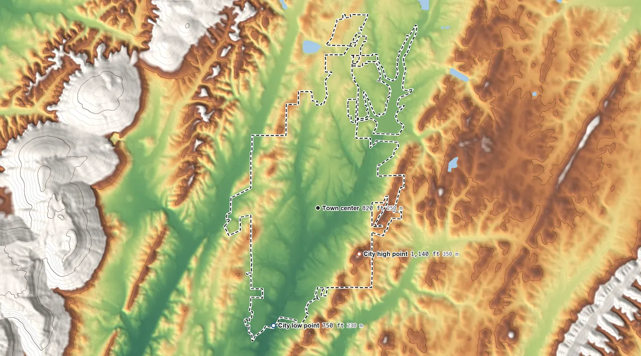 Topographic elevation map of LaFayette, Georgia, shaded from 750 ft on the south side to 1,140 ft on the southeast side