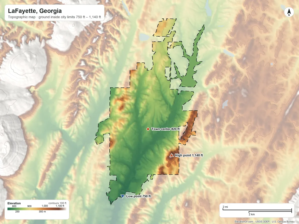Topographic elevation map of LaFayette, Georgia, shaded from 750 ft on the south side to 1,140 ft on the southeast side