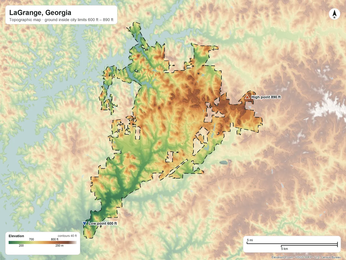 Topographic elevation map of LaGrange, Georgia, shaded from 600 ft on the southwest side to 890 ft on the east side