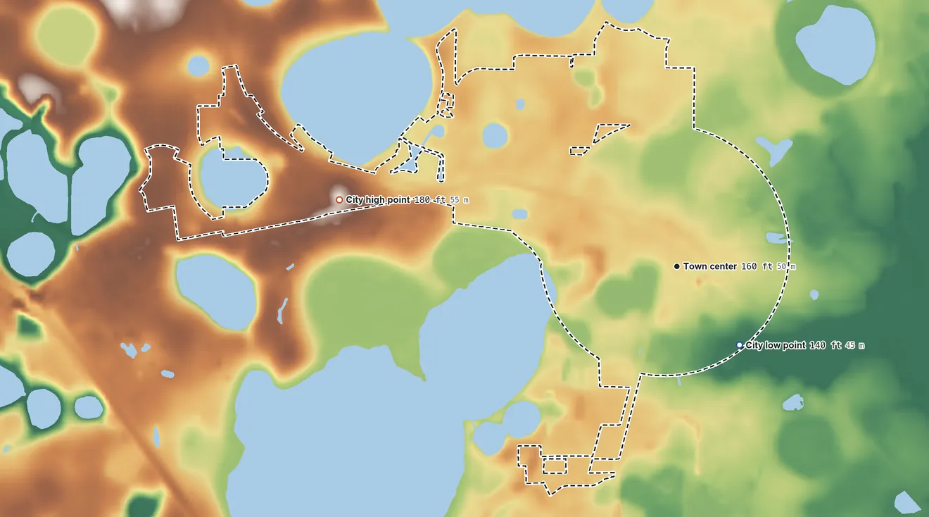 Topographic elevation map of Lake Park, Georgia, shaded from 140 ft on the southeast side to 180 ft on the west side