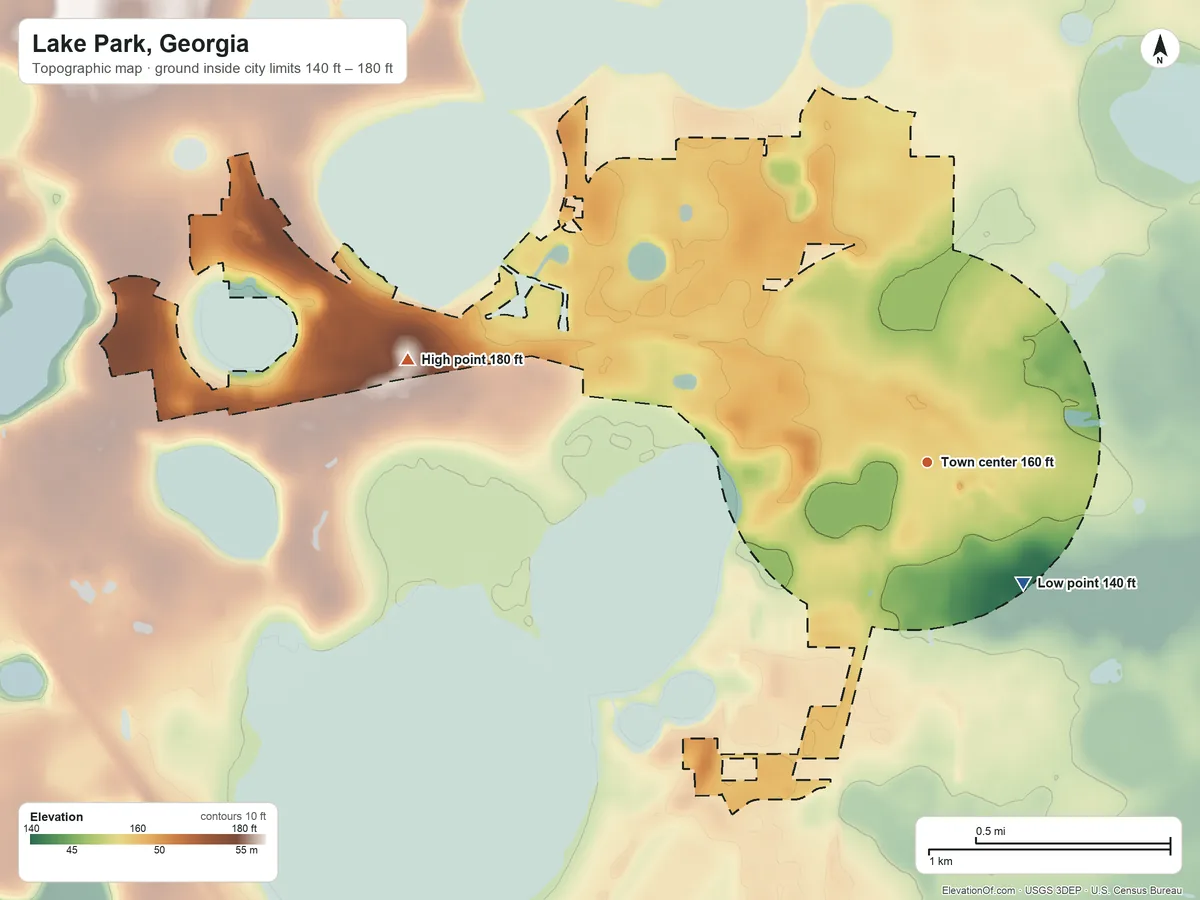 Topographic elevation map of Lake Park, Georgia, shaded from 140 ft on the southeast side to 180 ft on the west side