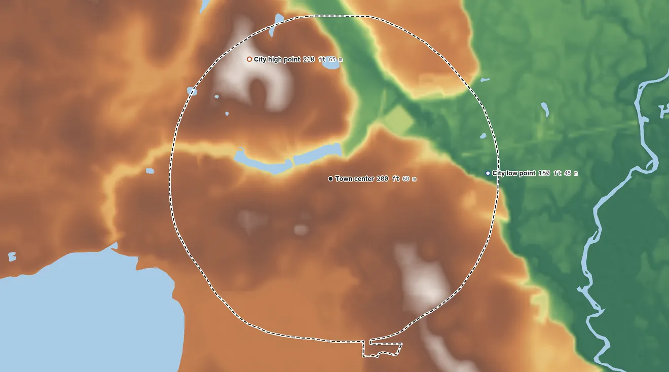 Topographic elevation map of Lakeland, Georgia, shaded from 150 ft on the east side to 210 ft on the northwest side
