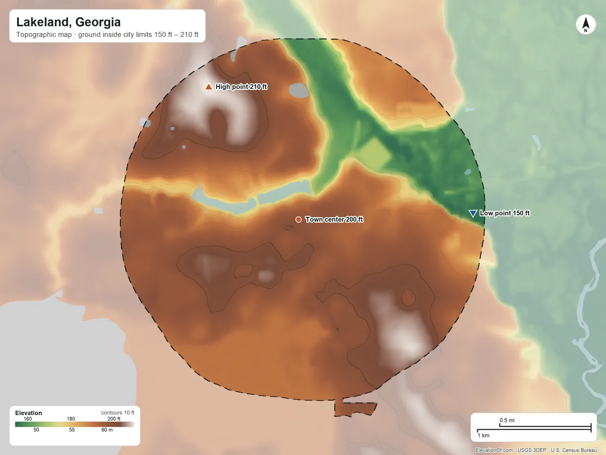Topographic elevation map of Lakeland, Georgia, shaded from 150 ft on the east side to 210 ft on the northwest side
