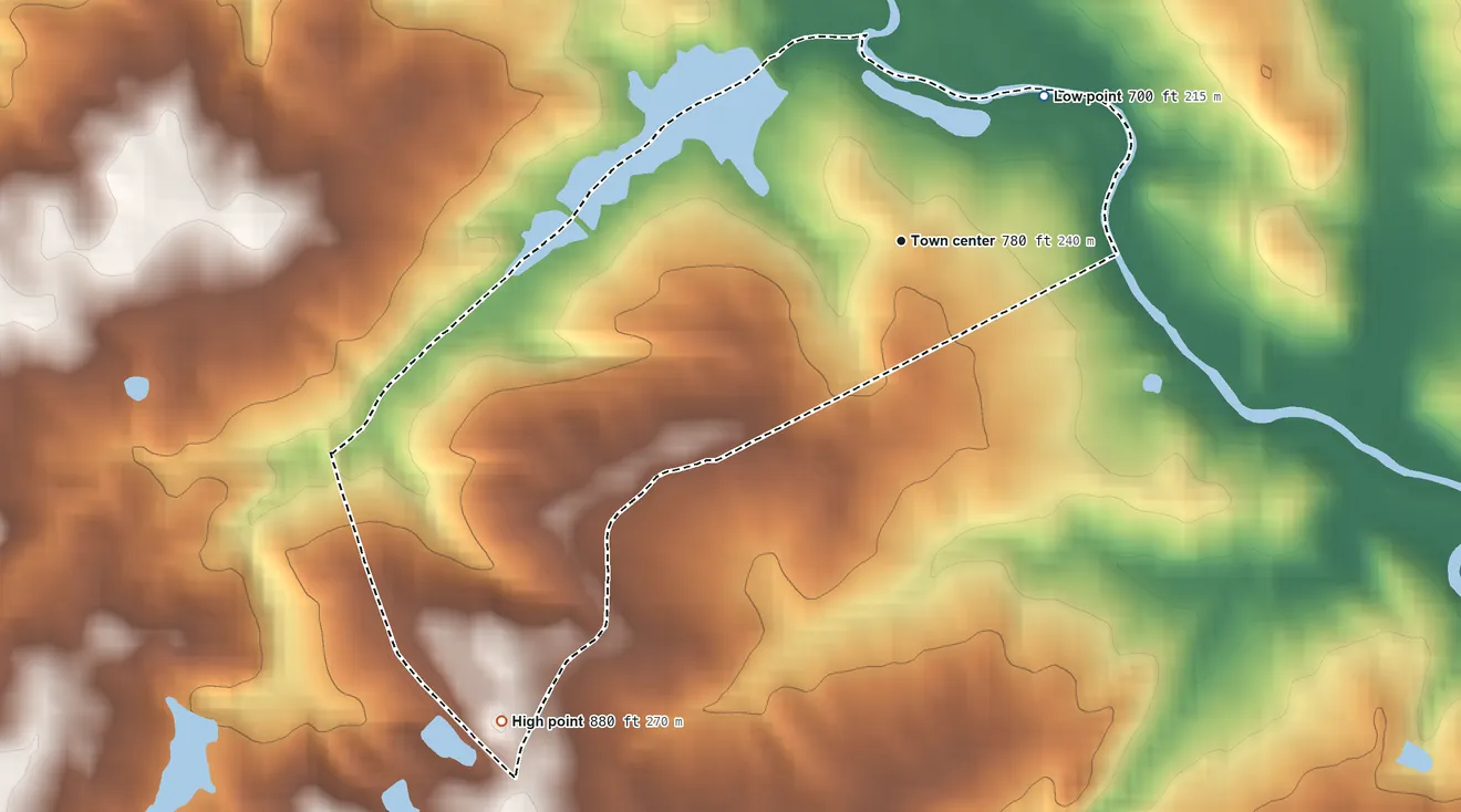 Topographic elevation map of Lakeview Estates, Georgia, shaded from 700 ft on the northeast side to 880 ft on the southwest side
