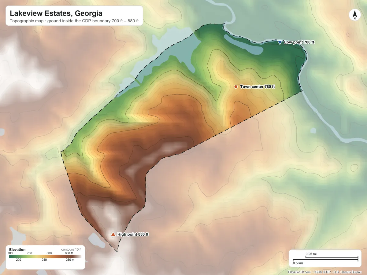 Topographic elevation map of Lakeview Estates, Georgia, shaded from 700 ft on the northeast side to 880 ft on the southwest side