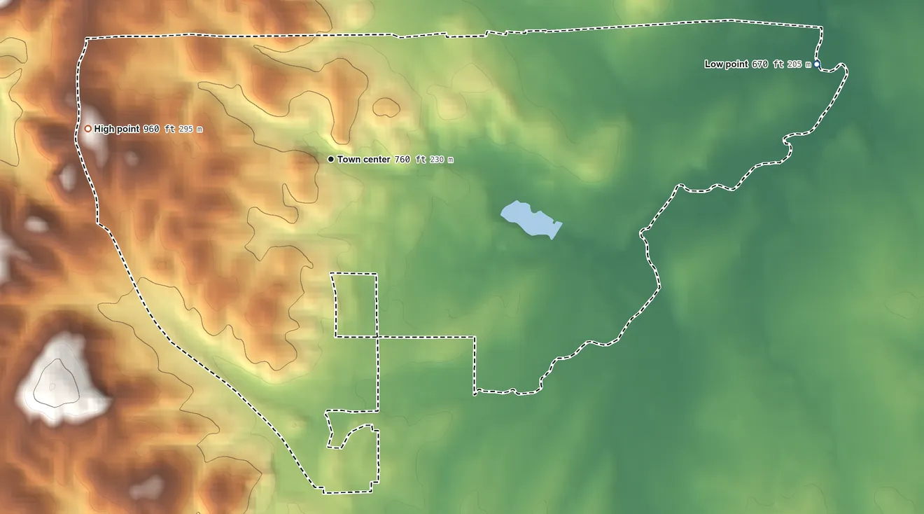 Topographic elevation map of Lakeview, Georgia, shaded from 670 ft on the east side to 960 ft on the west side
