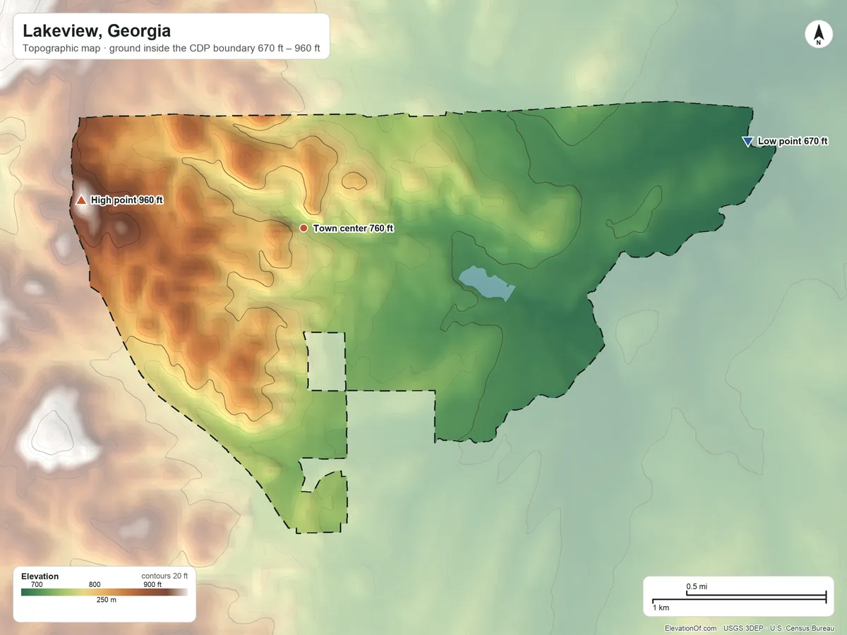 Topographic elevation map of Lakeview, Georgia, shaded from 670 ft on the east side to 960 ft on the west side