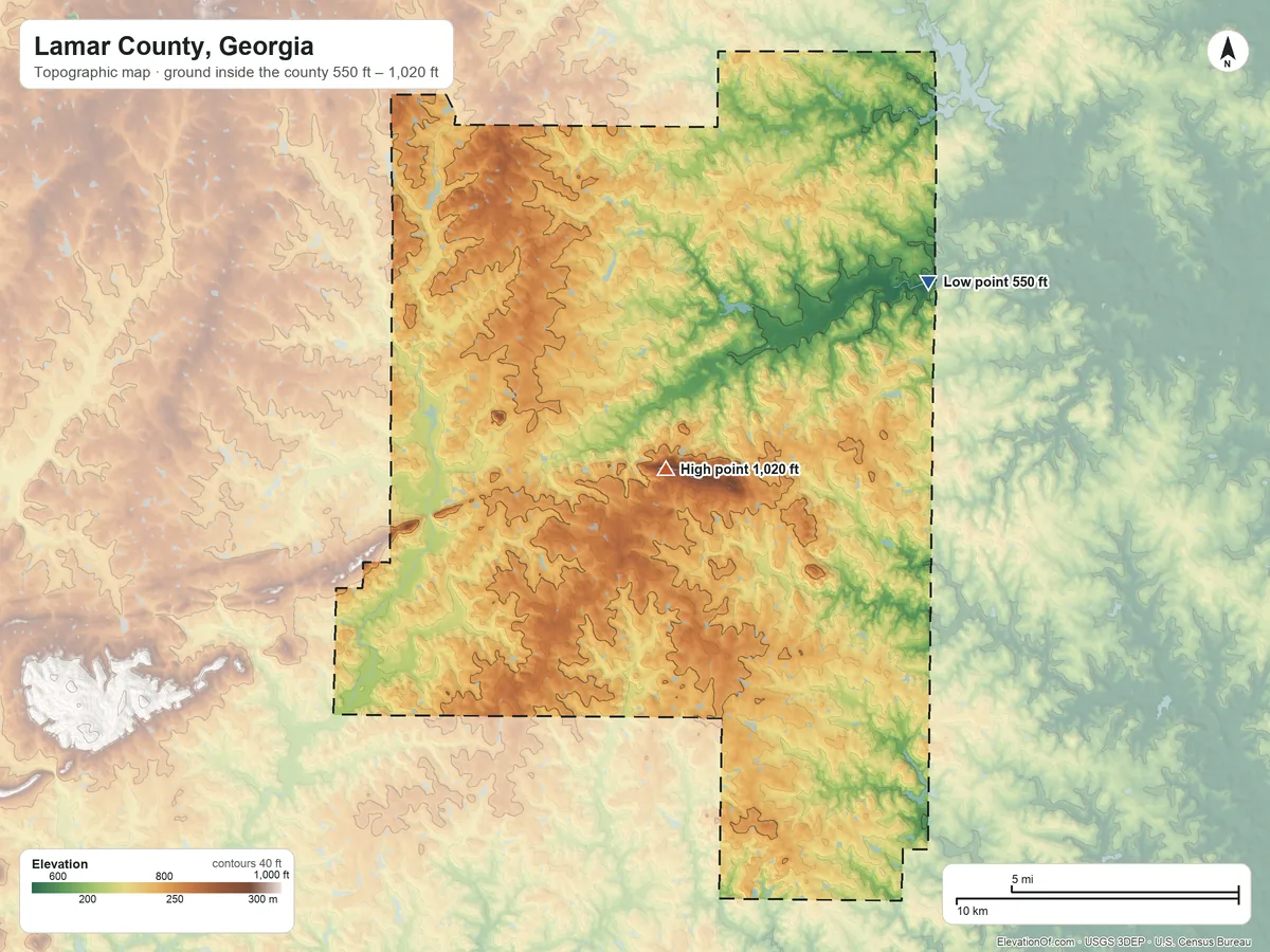 Topographic elevation map of Lamar County, Georgia, shaded from 550 ft on the northeast side to 1,020 ft on Hog Mountain