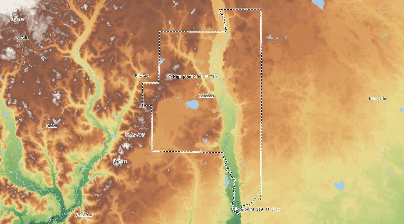 Topographic elevation map of Lanier County, Georgia, shaded from 110 ft on the south side to 250 ft on the northwest side