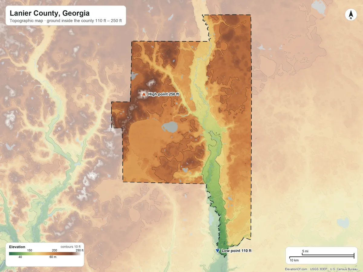 Topographic elevation map of Lanier County, Georgia, shaded from 110 ft on the south side to 250 ft on the northwest side