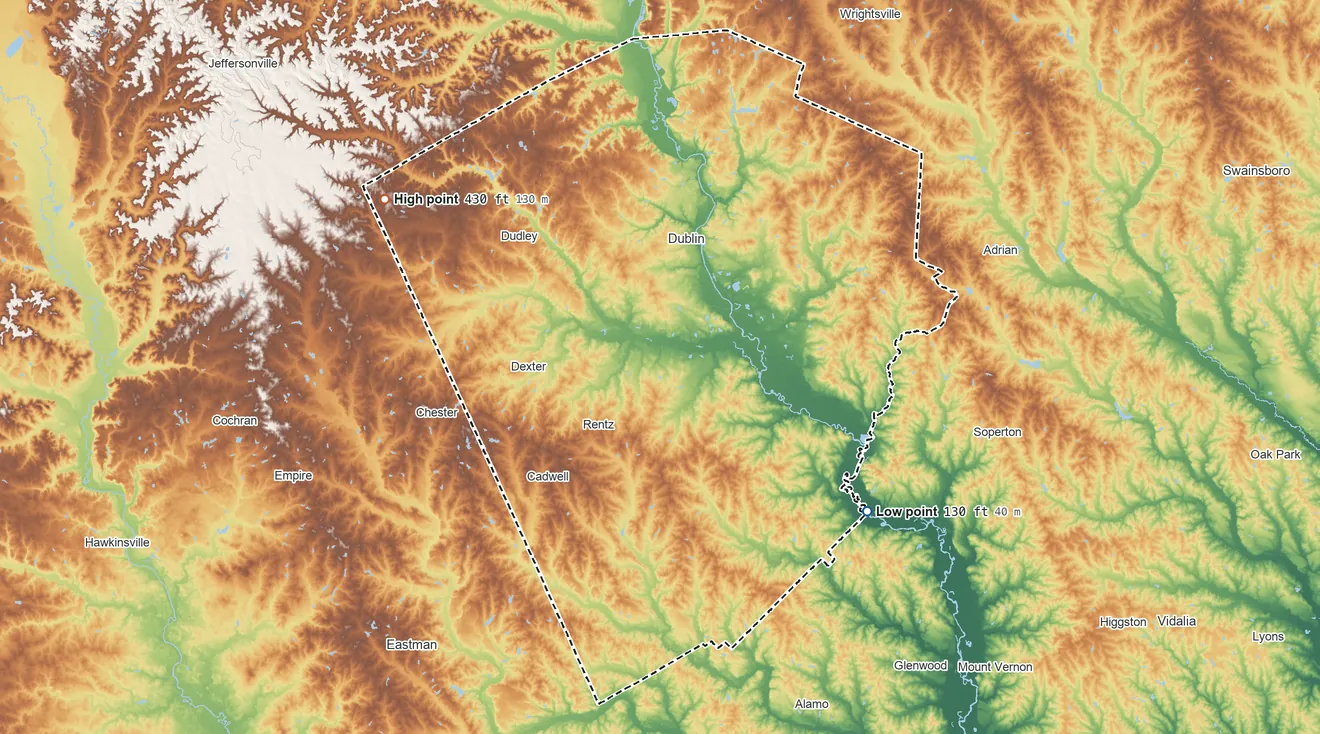 Topographic elevation map of Laurens County, Georgia, shaded from 130 ft on the southeast side to 430 ft on the northwest side