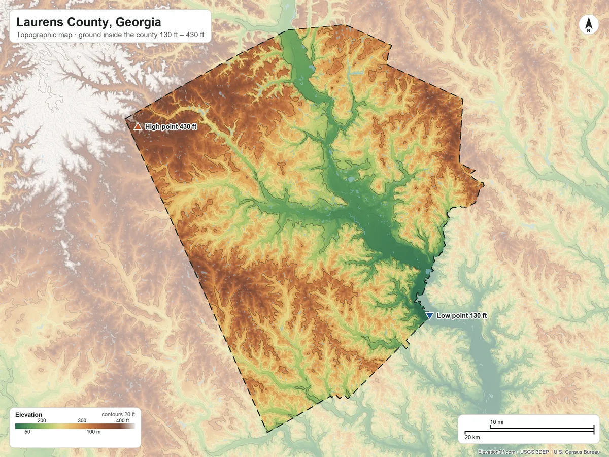 Topographic elevation map of Laurens County, Georgia, shaded from 130 ft on the southeast side to 430 ft on the northwest side