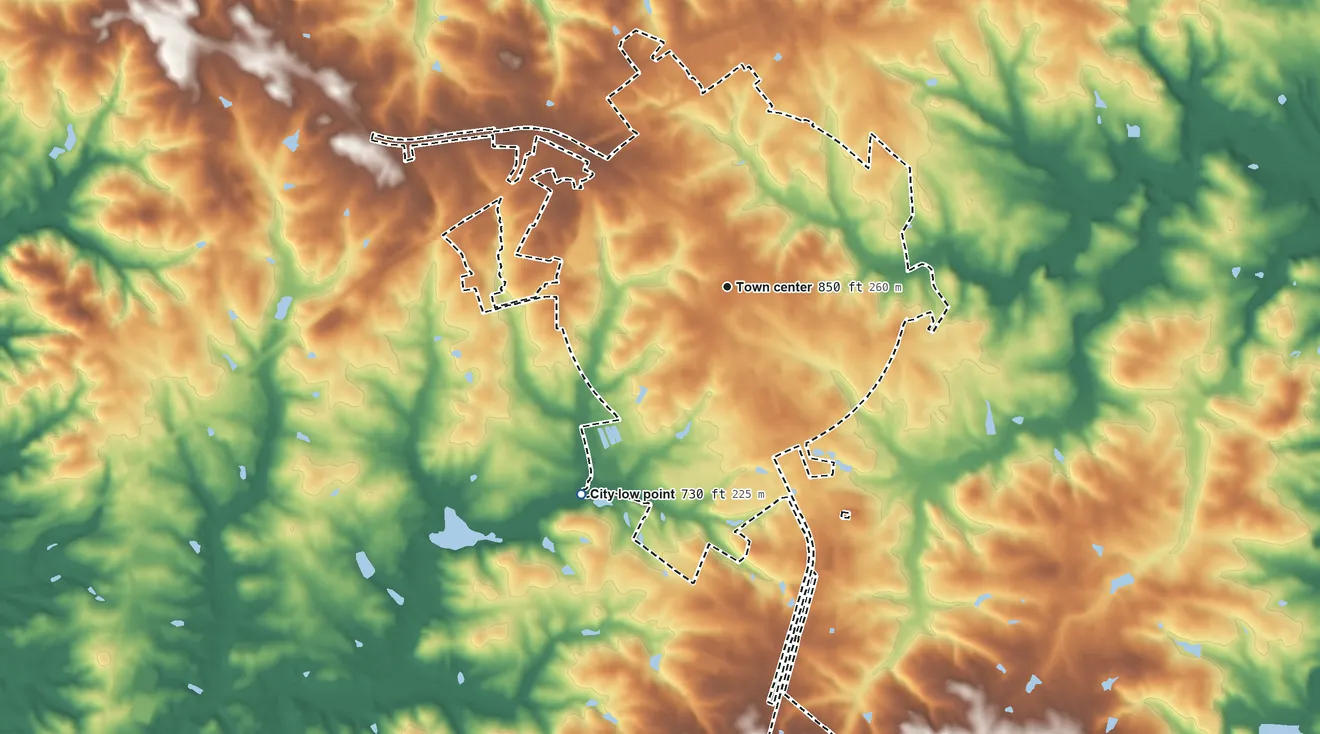 Topographic elevation map of Lavonia, Georgia, shaded from 730 ft on the southwest side to 920 ft on the south side