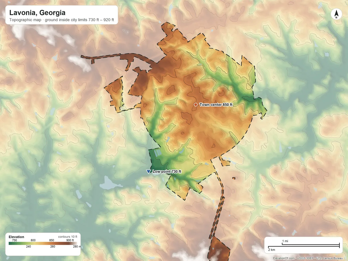 Topographic elevation map of Lavonia, Georgia, shaded from 730 ft on the southwest side to 920 ft on the south side