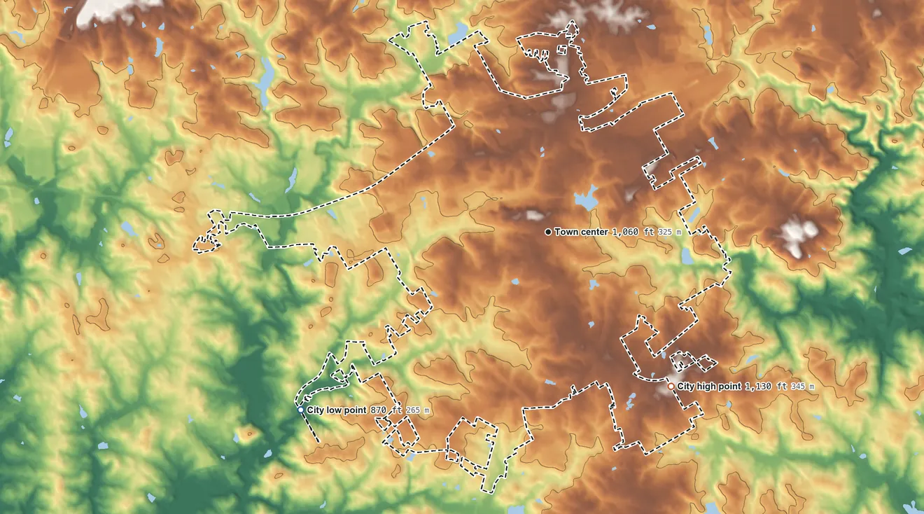 Topographic elevation map of Lawrenceville, Georgia, shaded from 870 ft on the southwest side to 1,130 ft on the southeast side