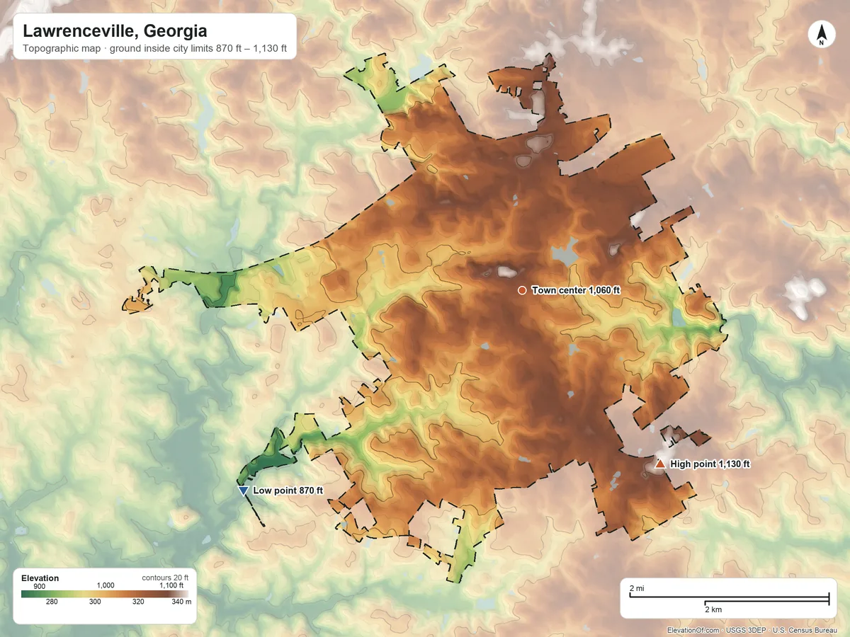 Topographic elevation map of Lawrenceville, Georgia, shaded from 870 ft on the southwest side to 1,130 ft on the southeast side