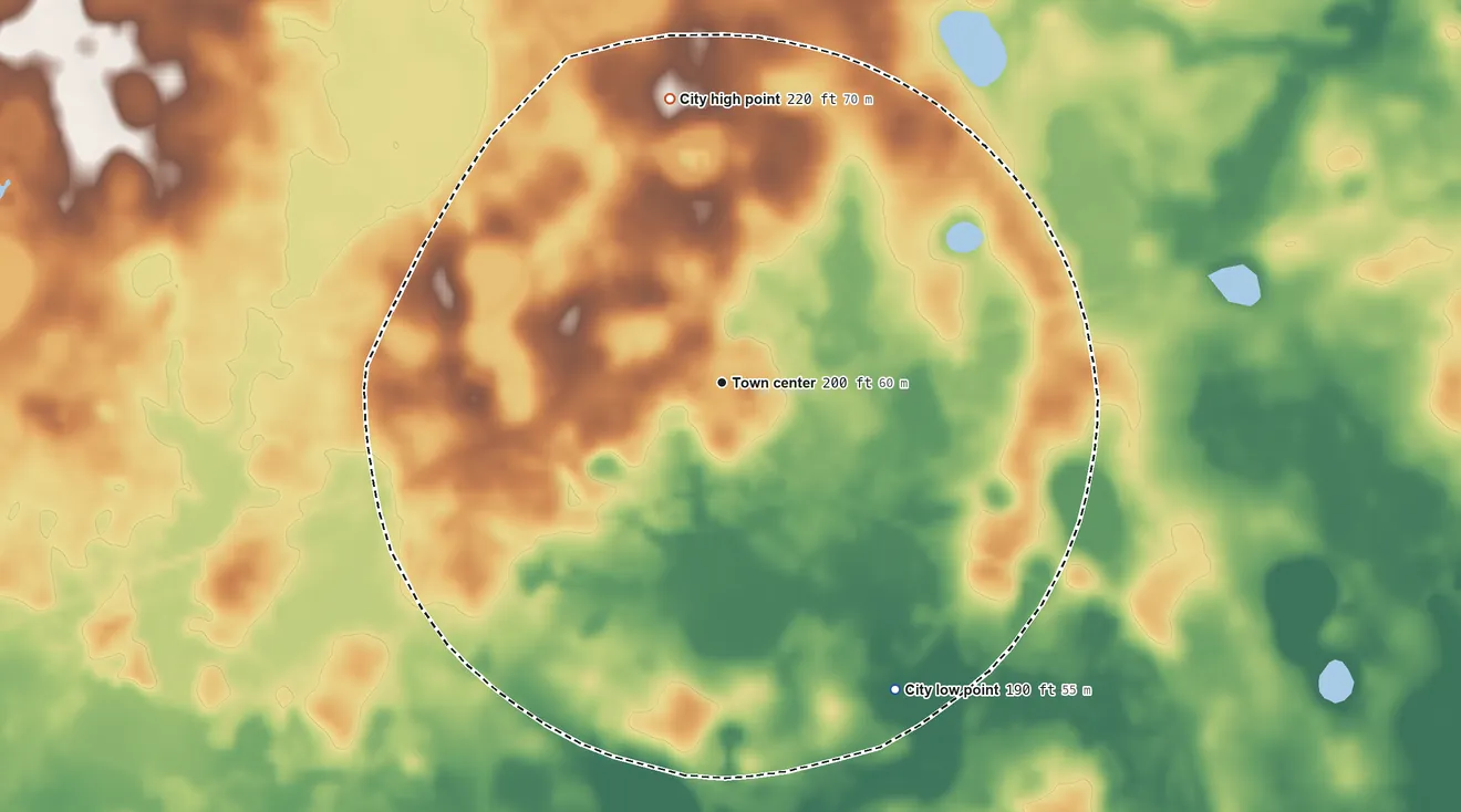 Topographic elevation map of Leary, Georgia, shaded from 190 ft on the southeast side to 220 ft on the north side