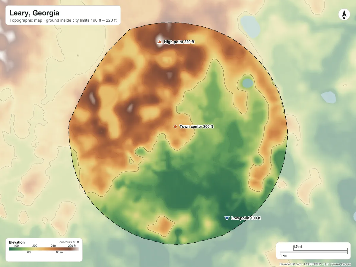 Topographic elevation map of Leary, Georgia, shaded from 190 ft on the southeast side to 220 ft on the north side