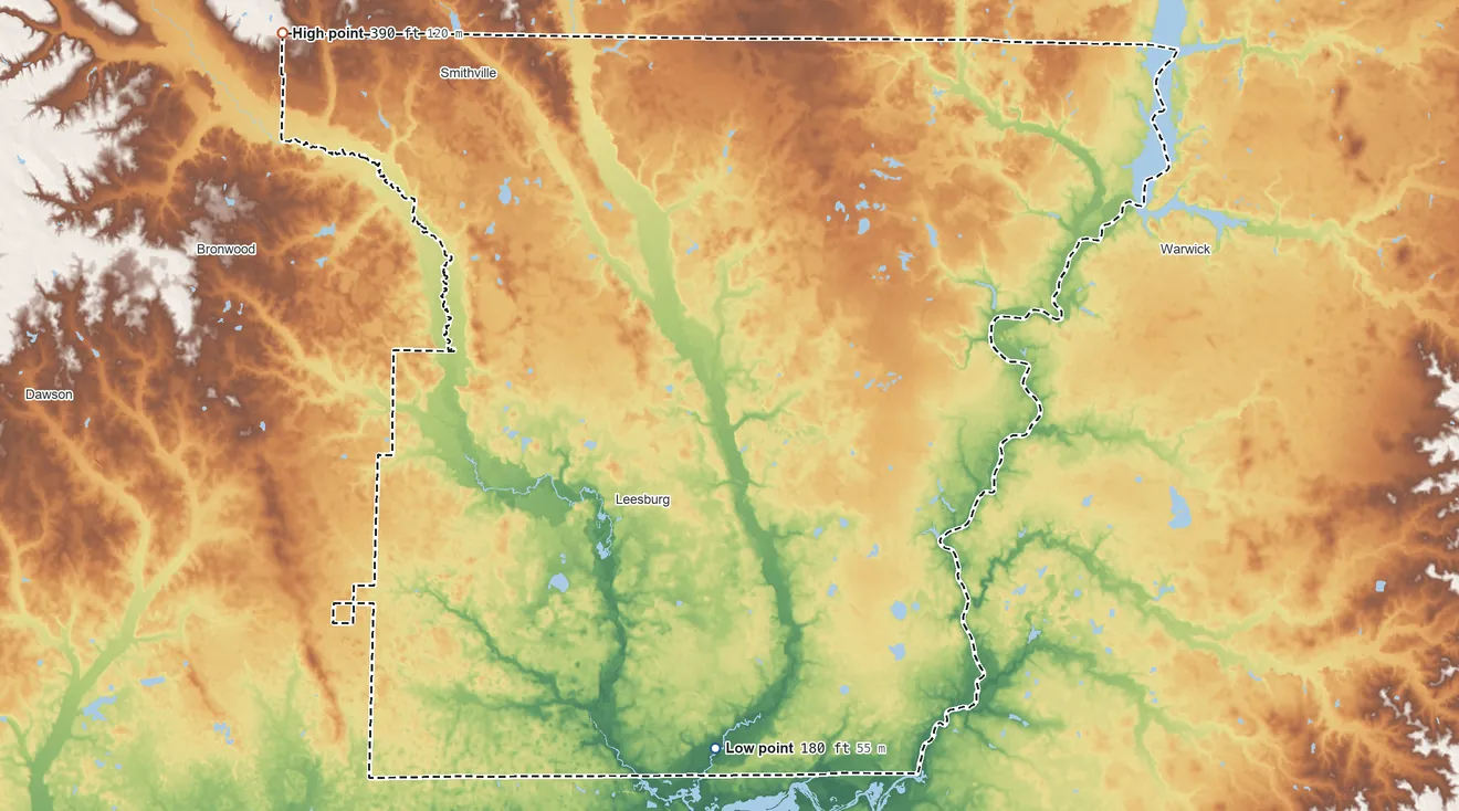 Topographic elevation map of Lee County, Georgia, shaded from 180 ft on the south side to 390 ft on the northwest side