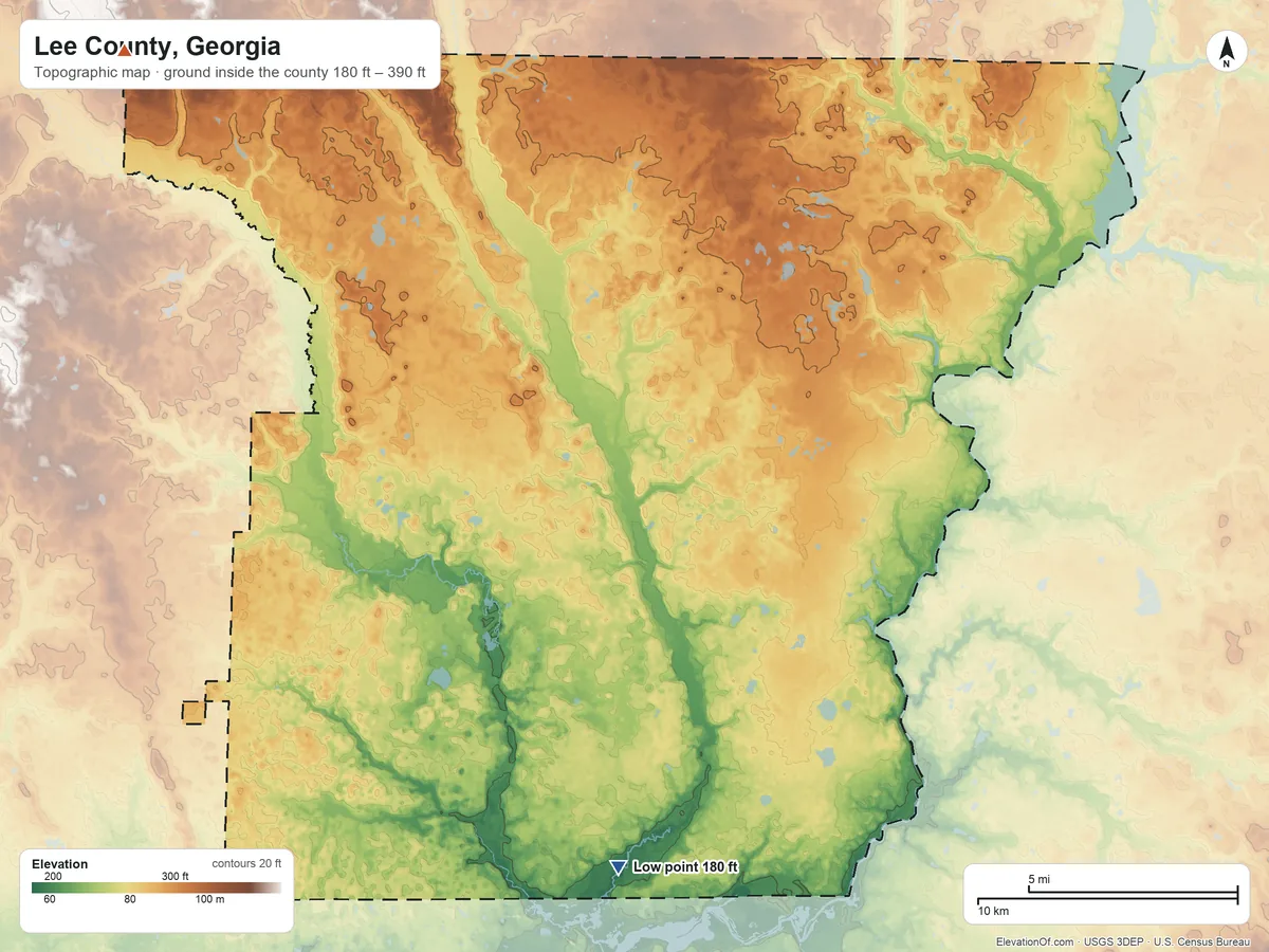 Topographic elevation map of Lee County, Georgia, shaded from 180 ft on the south side to 390 ft on the northwest side