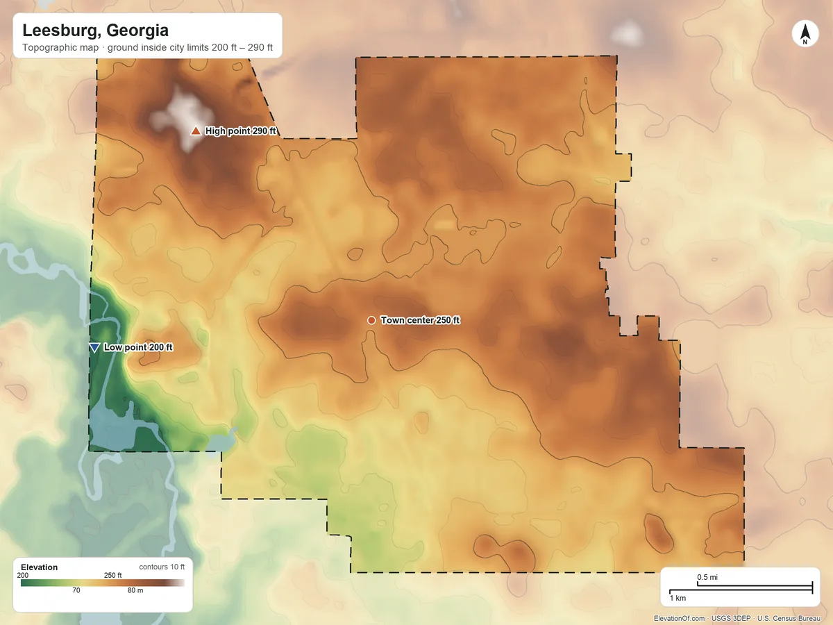 Topographic elevation map of Leesburg, Georgia, shaded from 200 ft on the west side to 290 ft on the northwest side