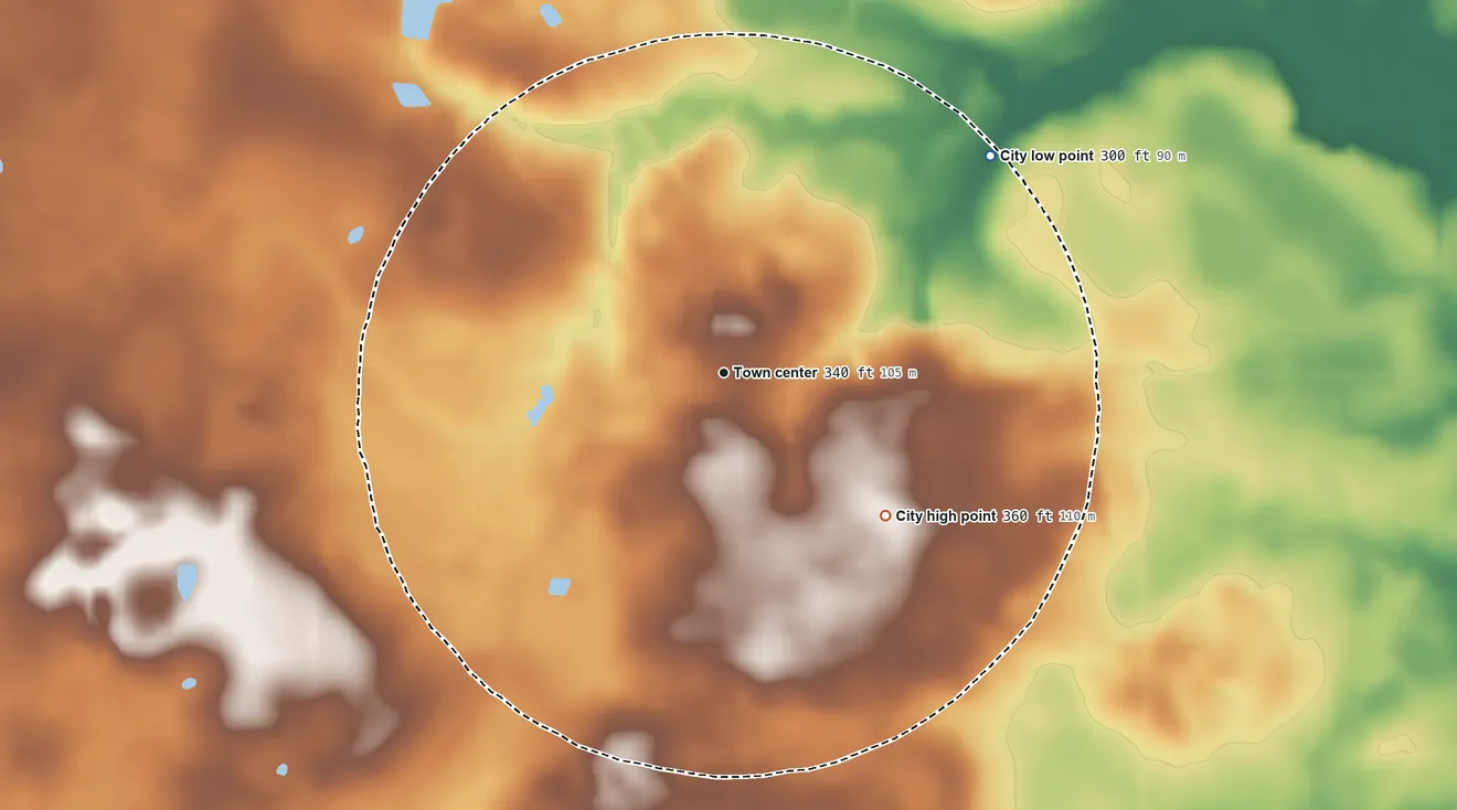 Topographic elevation map of Leslie, Georgia, shaded from 300 ft on the northeast side to 360 ft on the southeast side
