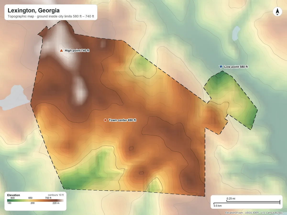 Topographic elevation map of Lexington, Georgia, shaded from 580 ft on the northeast side to 740 ft on the northwest side