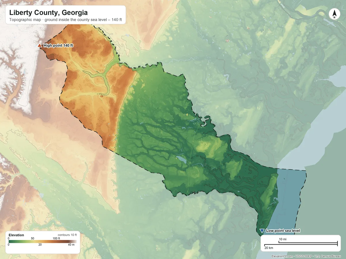 Topographic elevation map of Liberty County, Georgia, shaded from sea level on the Atlantic Ocean to 140 ft on the northwest side