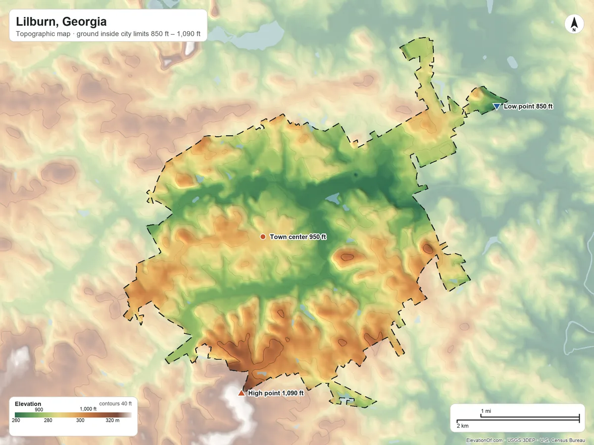 Topographic elevation map of Lilburn, Georgia, shaded from 850 ft on the northeast side to 1,090 ft on the south side