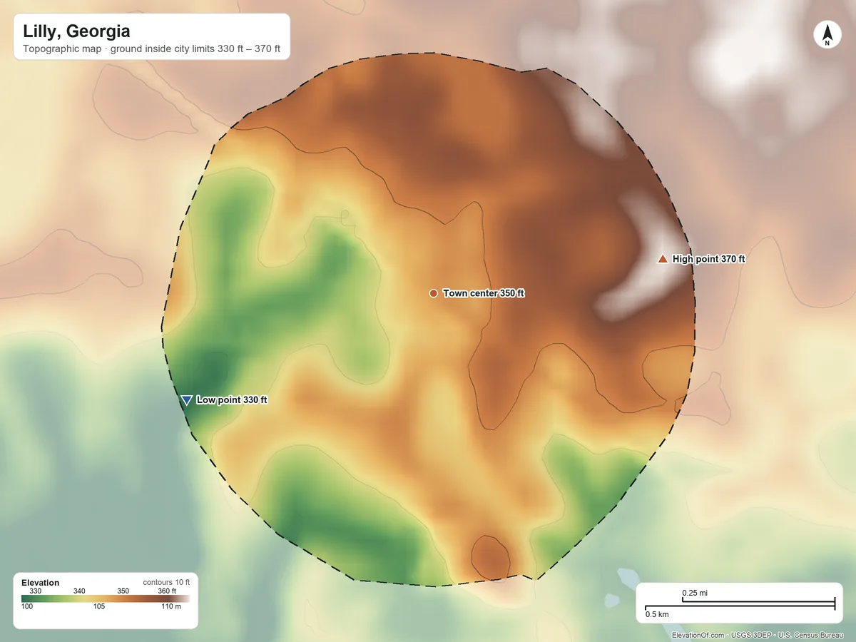 Topographic elevation map of Lilly, Georgia, shaded from 330 ft on the southwest side to 370 ft on the east side