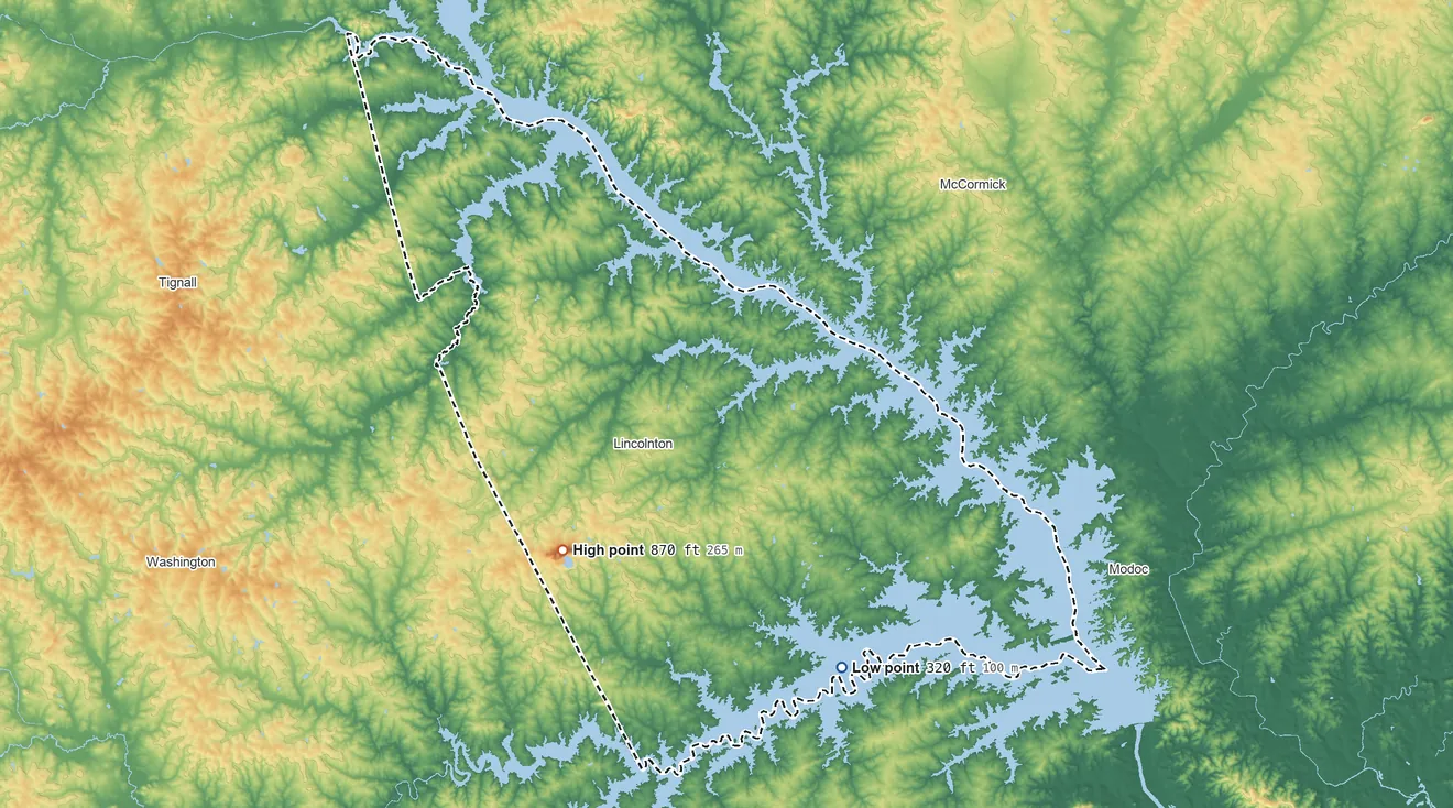 Topographic elevation map of Lincoln County, Georgia, shaded from 320 ft on the southeast side to 870 ft on Graves Mountain