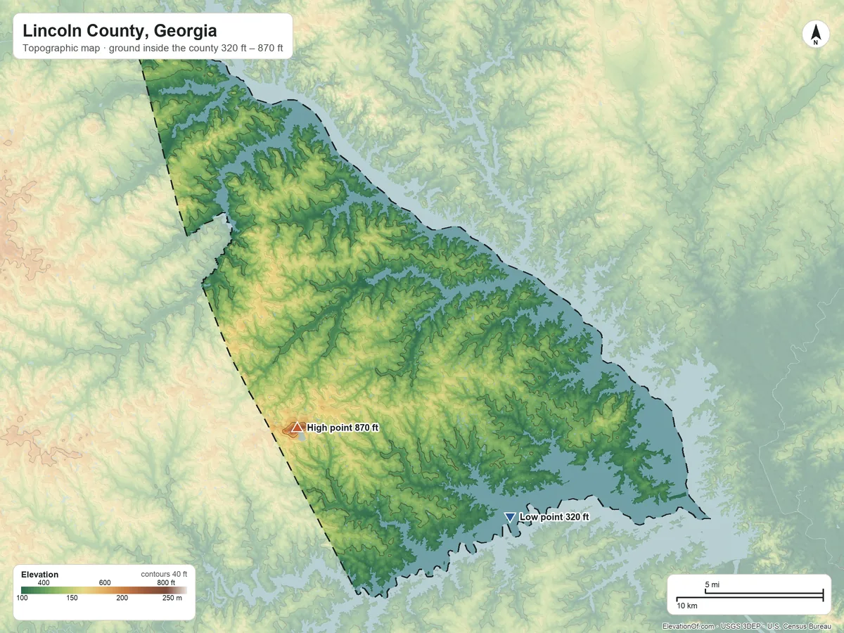 Topographic elevation map of Lincoln County, Georgia, shaded from 320 ft on the southeast side to 870 ft on Graves Mountain