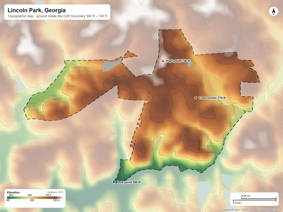 Topographic elevation map of Lincoln Park, Georgia, shaded from 590 ft on the southwest side to 740 ft on the northwest side