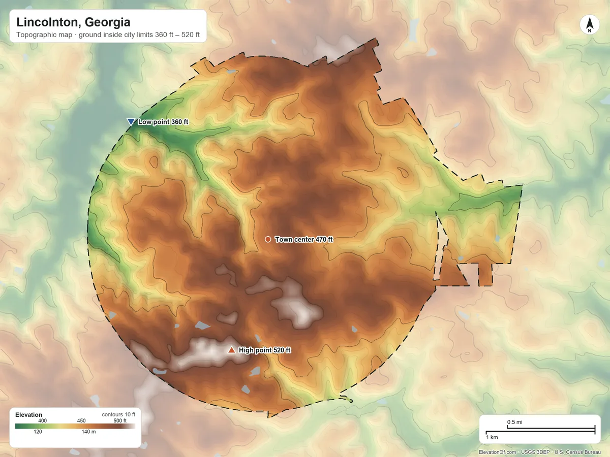 Topographic elevation map of Lincolnton, Georgia, shaded from 360 ft on the northwest side to 520 ft on the south side