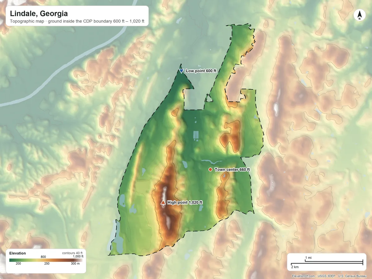 Topographic elevation map of Lindale, Georgia, shaded from 600 ft on the north side to 1,020 ft on Booze Mountain