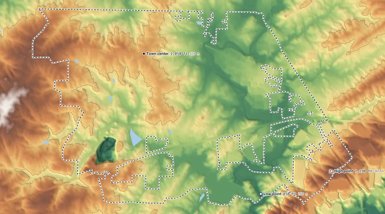 Topographic elevation map of Lithia Springs, Georgia, shaded from 850 ft on the southeast side to 1,190 ft on the southeast side