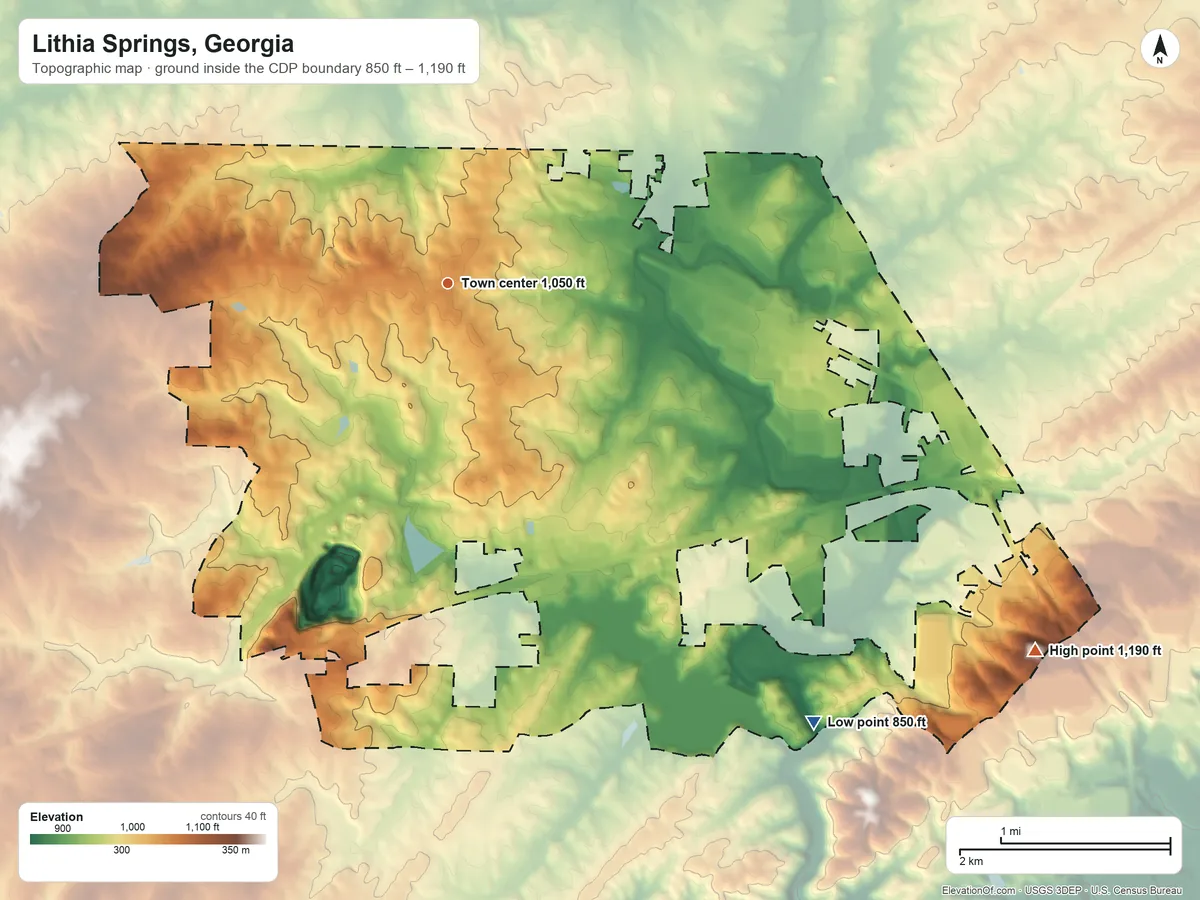 Topographic elevation map of Lithia Springs, Georgia, shaded from 850 ft on the southeast side to 1,190 ft on the southeast side