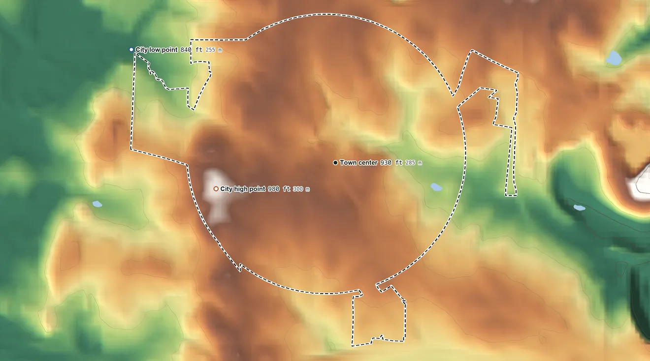 Topographic elevation map of Lithonia, Georgia, shaded from 840 ft on the northwest side to 980 ft on the west side