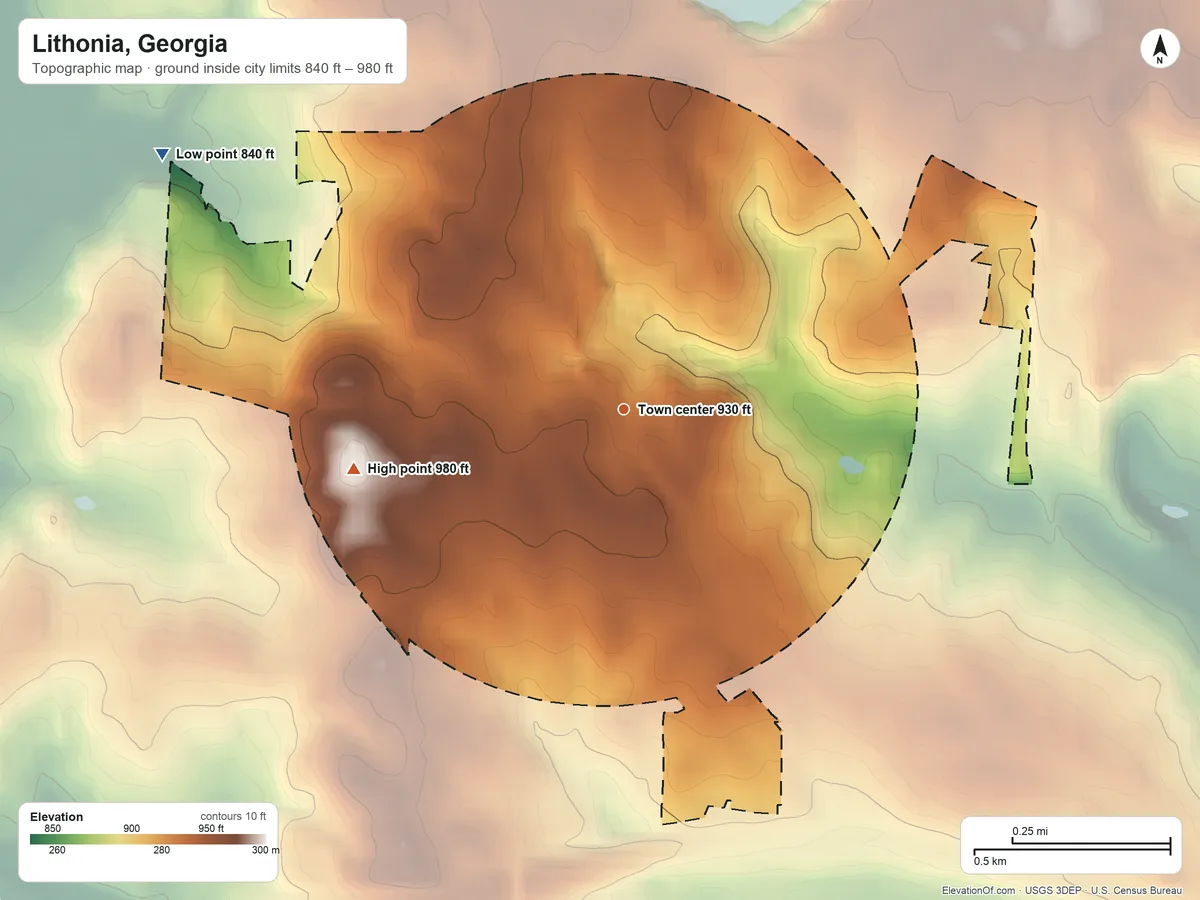 Topographic elevation map of Lithonia, Georgia, shaded from 840 ft on the northwest side to 980 ft on the west side