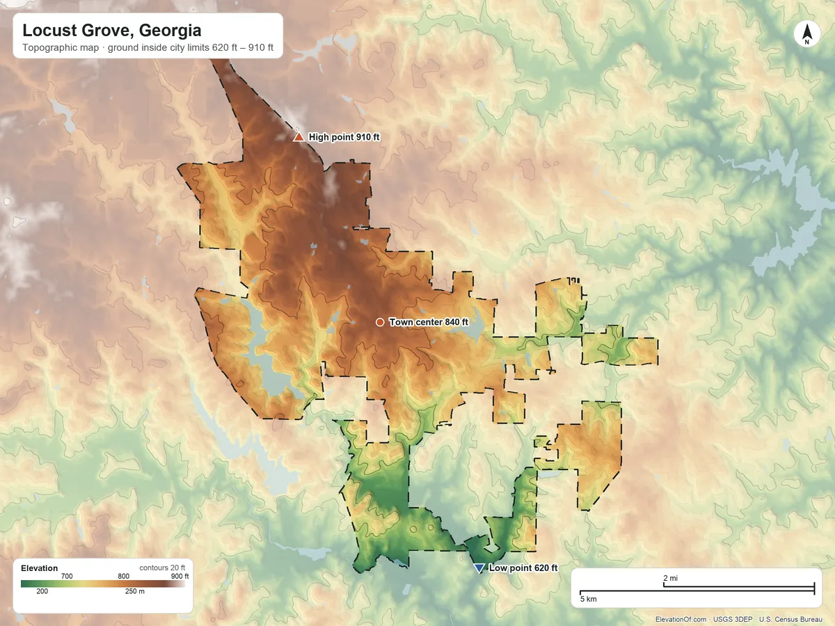Topographic elevation map of Locust Grove, Georgia, shaded from 620 ft on the south side to 910 ft on the northwest side