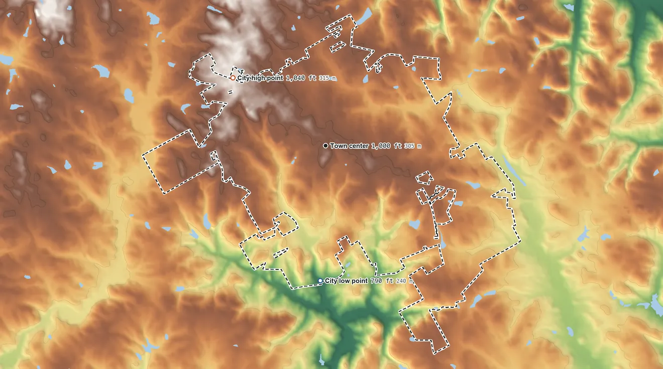 Topographic elevation map of Loganville, Georgia, shaded from 790 ft on the south side to 1,040 ft on the northwest side