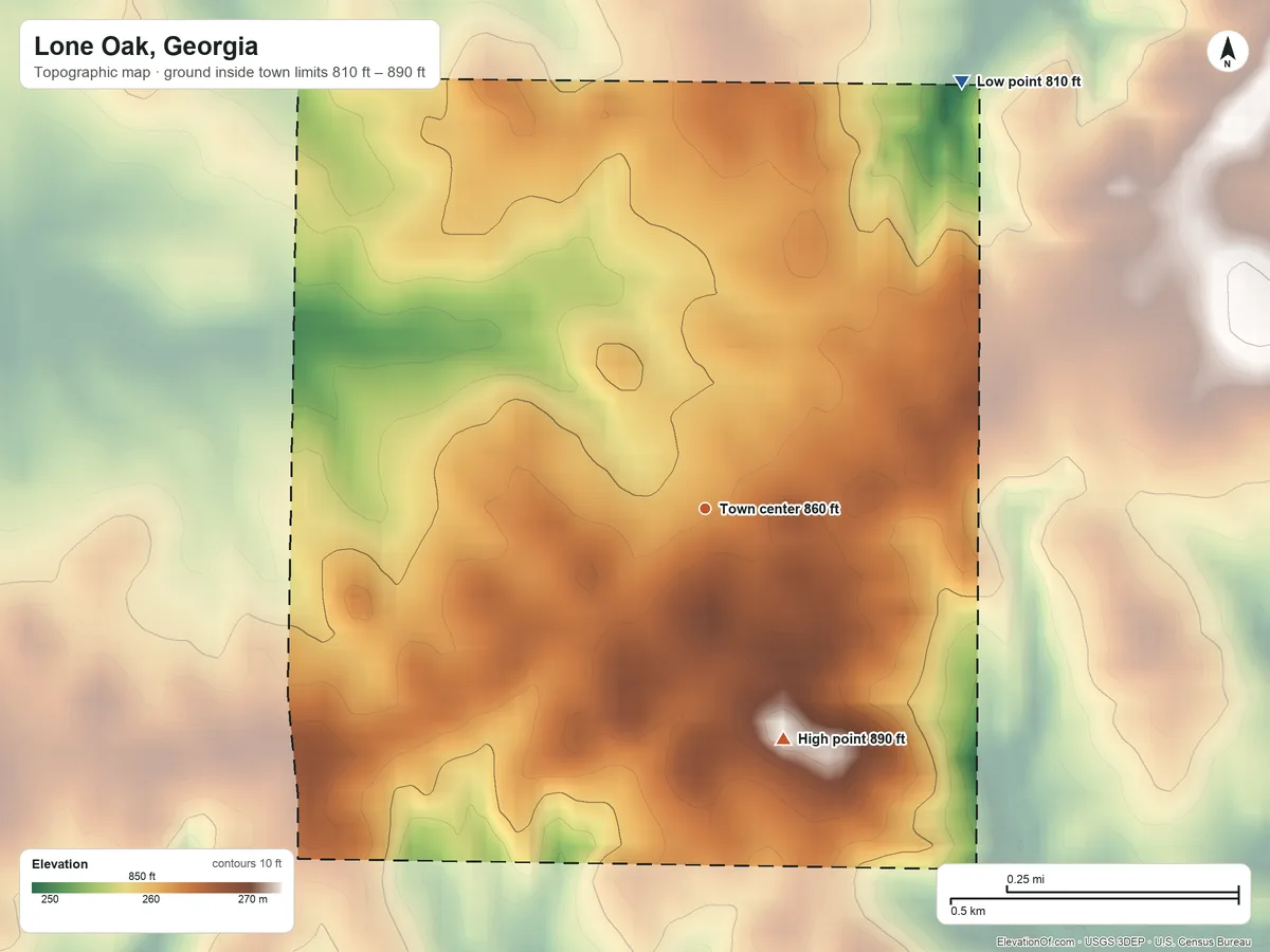Topographic elevation map of Lone Oak, Georgia, shaded from 810 ft on the northeast side to 890 ft on the south side