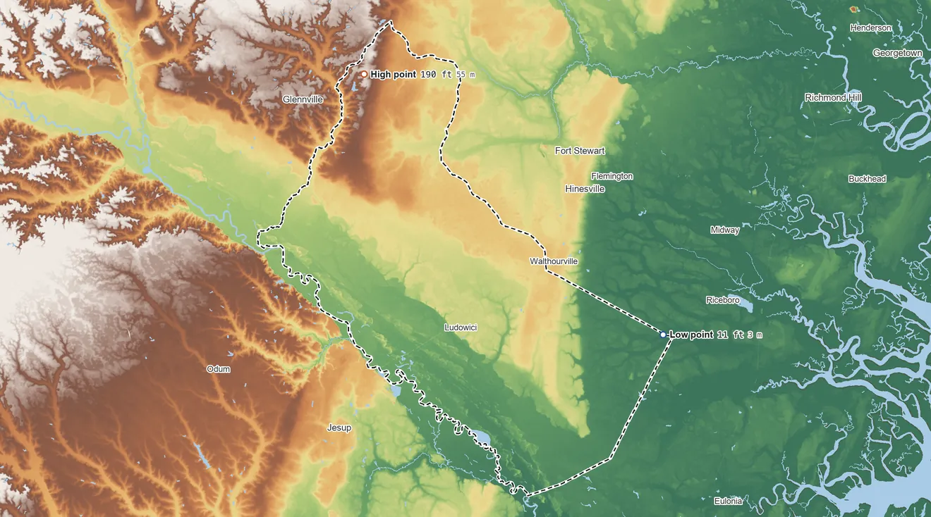 Topographic elevation map of Long County, Georgia, shaded from 11 ft on the east side to 190 ft on the northwest side