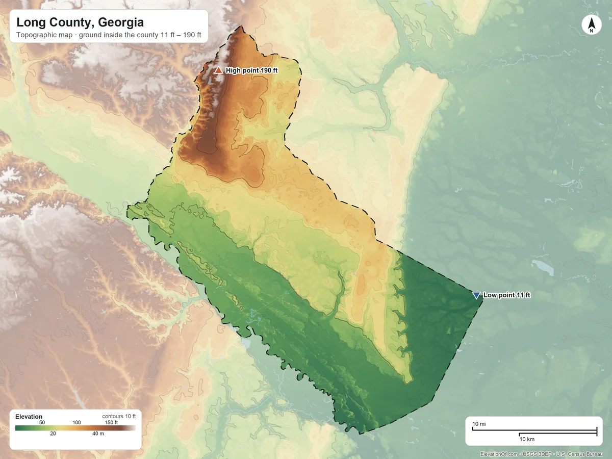 Topographic elevation map of Long County, Georgia, shaded from 11 ft on the east side to 190 ft on the northwest side