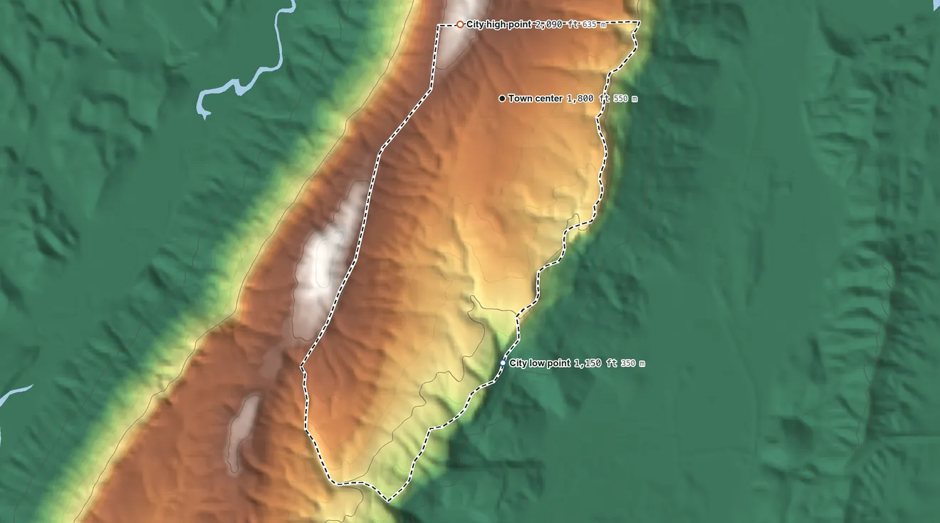 Topographic elevation map of Lookout Mountain, Georgia, shaded from 1,150 ft on the south side to 2,090 ft on the northwest side